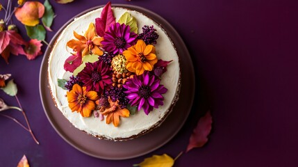 A spiced chai cake decorated with edible fall flowers, set against a deep purple background with subtle autumn motifs