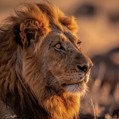 close up magnificent lion with a fierce yet calm expression and a well groomed mane, softly blurred rocky outcrop, soft, natural highing the lion s detailed features