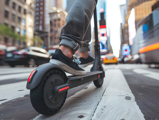 Fototapeta premium Person riding a self-balancing electric scooter on a city sidewalk, with a background of buildings.