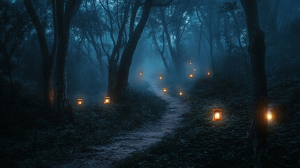 Spooky Halloween Forest Path Lit by Floating Lanterns in the Mist

