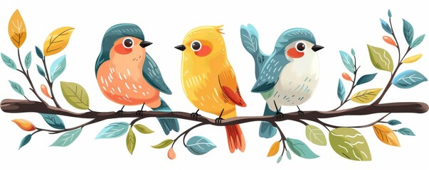 Four vibrant, cartoon-style birds perched on a branch, showcasing diverse colors and expressions.