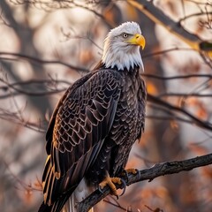 Obraz premium close up majestic bald eagle perched with its sharp beak and striking feathers in focus, softly blurred natural background, bright, natural sun highing the intricate