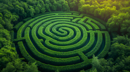 Naklejka premium Path to Sustainability, Intricate Green Hedge Maze, Aerial View. Tall, Lush Walls, Dense Forest, Complex Labyrinth. Mysterious, Serene, Scenic. Ecology, Environment, Gardening, Solution, Development
