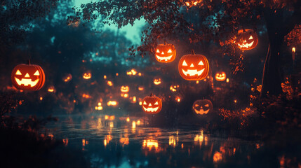 Floating Halloween Jack-o'-Lanterns Glowing in a Dark Spooky Forest
