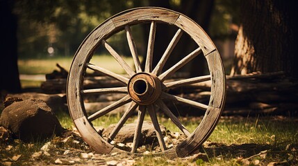 An old wooden wagon wheel leaning up in outdoor area. Neural network ai generated art