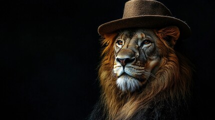   A close-up of a lion wearing a hat against a black background