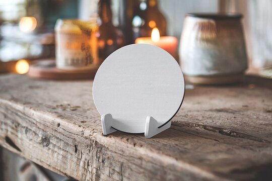 A white circle beer coaster mockup placed on a rustic wooden table.