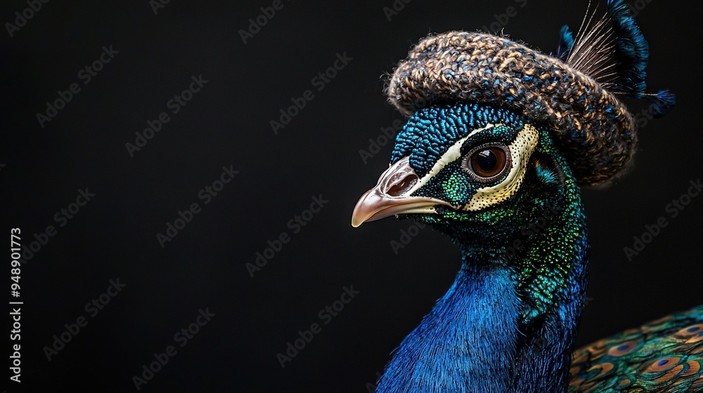 Sticker close-up of a peacock wearing a knitted hat on its head and flaunting its vibrant feathers