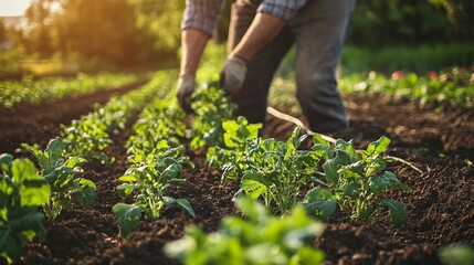 Weeding beds with agricultura plants growing in the garden. Weed control in the garden. Cultivated land close-up. Agricultural work on the plantation.generative ai
