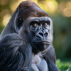 Obraz premium close up majestic gorilla with a powerful, detailed coat and deep, expressive eyes, softly blurred jungle background, soft, natural highing the gorilla s facial