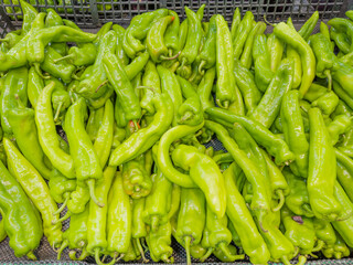 choosing peppers, beans, peas at the grocery store 