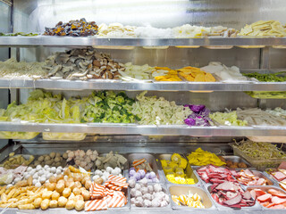 traditional asian food, bowls with ingredients for cooking asian national cuisine