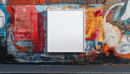 Fototapeta premium Urban street art sticker mockup framed within white wrinkled poster on textured wall 