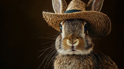 Fototapeta premium Close-up photo of a rabbit in straw hat, gazing directly at the camera with a serious expression