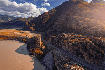 Beautiful autumn landscape Katun river and mountains, famous tourist spot in republic Altai...