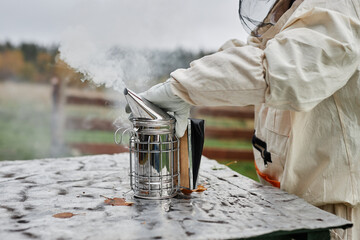 Close up on hand of beekeeper in protective bee suit taking bee smoker puffing smoke before using device to calm bees down at apiary farm, copy space