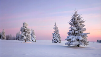 Fototapeta premium A serene winter landscape with snow-covered pine trees and a frozen lake. The sky is a pale blue, and the scene is peaceful and quiet, with the snow glistening in the soft light of the setting sun