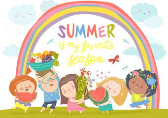 Cartoon children with flowers and fruits. Hello summer