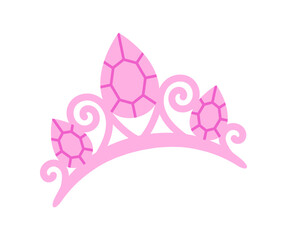 Doll crown concept. Pink jewelry and accessory. Beauty, elegance and aesthetics. Princess Diadem or Tiara. Sticker or icon. Flat vector illustration isolated on white background