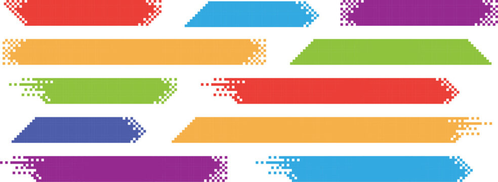 Pixel banner. Header, footer color layout with mosaic edges. Horizontal title tags with pixels. Labels pixelated decoration advertising vector elements. Rectangular dotted shapes isolated set.