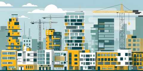 Modern Cityscape Construction Illustration with Cranes and Workers