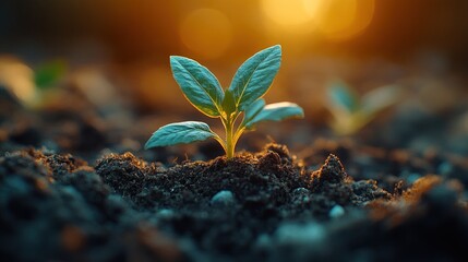 A New Beginning: Tiny Sapling Sprouting in Rich Soil at Golden Hour