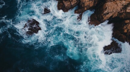 Obraz premium Beautiful aerial view of rocks and waves in the sea
