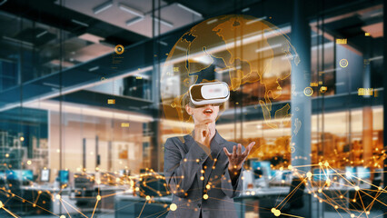 Woman taking up circle finance data dynamic world monitor by VR future global market interface digital infographic network technology virtual hologram animation at orange modern office. Contraption.
