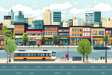 Cityscape Illustration With Bus And People Walking On The Sidewalk