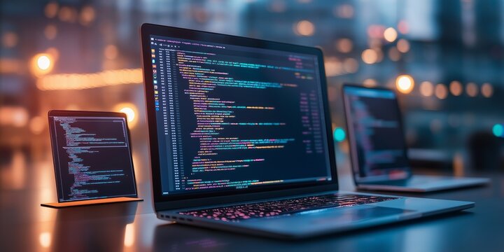 Laptop screens displaying colorful code, concept of software development.