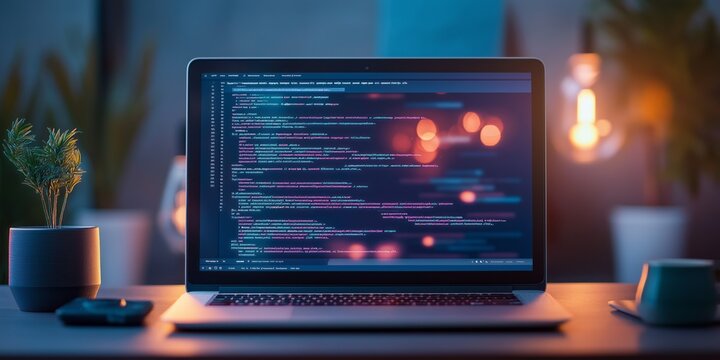 Laptop screen displaying colorful code, concept of software development.