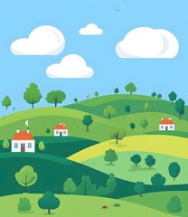 Naklejka premium Green Hills Landscape with Houses and Clouds Illustration