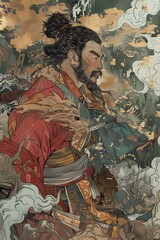 Japanese Warrior Illustration With Gold Background