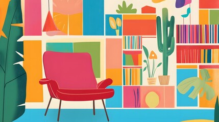 Colorful Abstract Illustration of Living Room with Chair and Bookshelf