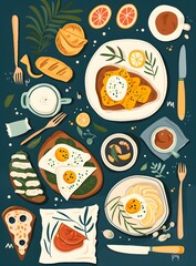 Illustration of a Table Set with Delicious Food