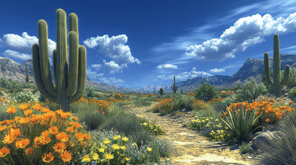 Vibrant desert landscape adorned with wildflowers and towering cacti under a bright blue sky