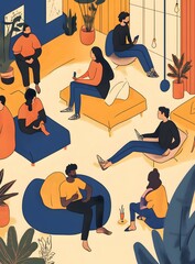 Group of Diverse People Sitting in a Living Room with Plants