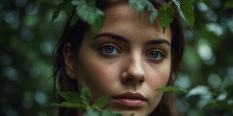 Mysterious gaze through lush green leaves.