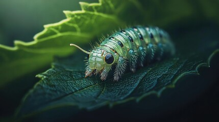   A clear photo of a green caterpillar perched on a leaf, with sunlight illuminating the underside of its body
