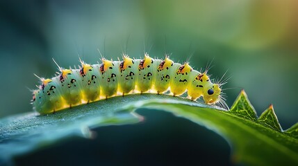 Naklejka premium A close-up photo of a caterpillar resting on a leaf with other caterpillars on its back