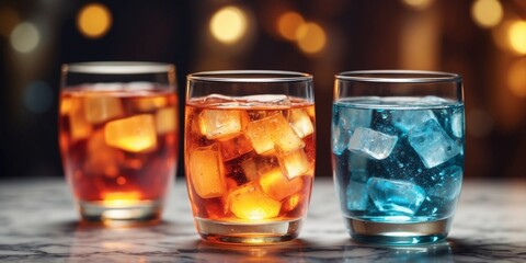 Refreshing cold drinks in colorful glasses on marble surface.
