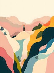 Fototapeta premium Minimalist Abstract Illustration of a Man Standing on a Mountaintop