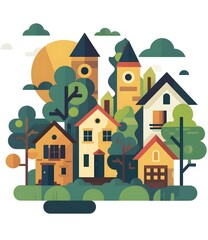 Flat Illustration of Small Town with Houses and Trees