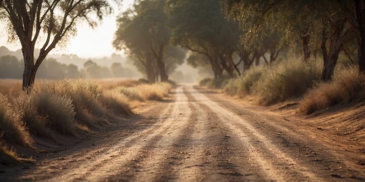 Serene eucalyptus-lined dirt road in sunlit countryside landscape.