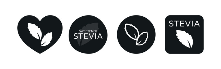Stevia Sweet Set with Plant Leaves Vector Symbols on White Background. Sugar Substitute. Organic, Bio and Ecological Icon. Health Care Labels.