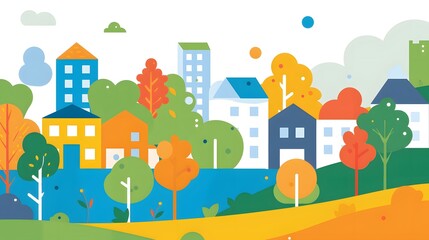 Colorful Illustration of a Small Town with Houses and Trees