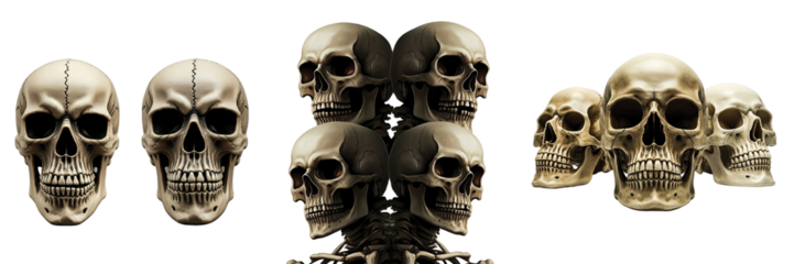 A collection of nine human skull replicas arranged in two rows, showcasing different angles and details, against a transparent background, PNG file, perfect for graphic design.