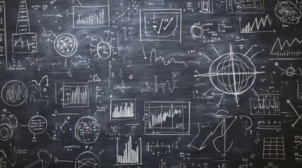 Chalkboard with Diagrams and Graphs.