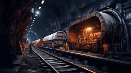 Naklejka premium Working on the tunnel. Tunnel construction site in progress. Neural network ai generated art