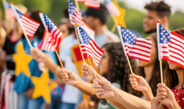 Americans celebrate fourth of july parade with kids holding the flags and people are doing bbq party outdoor 